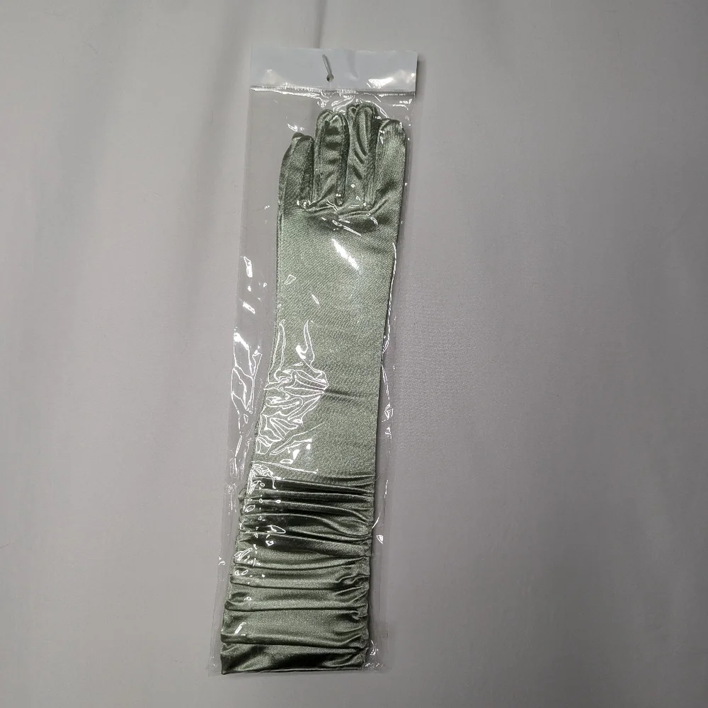 New Womens Sage Green Satin Semi Shiny Evening Bridesmaid Gloves One Size